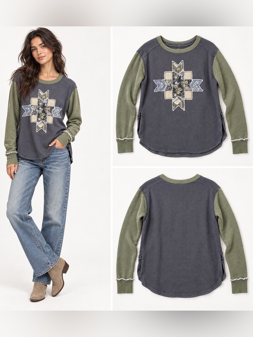 Free People We The Free Lone Star Patchwork Thermal Top Charcoal Olive S